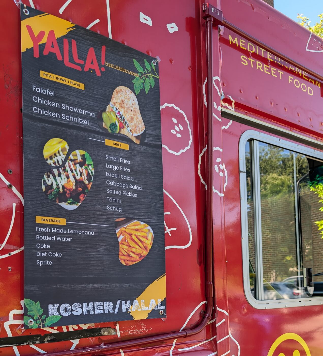 Yalla! menu board showing Mediterranean street food options